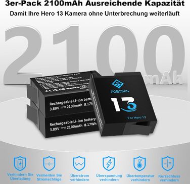Акумулятор для GoPro Hero 13 Black, 2100mAh, 3-Pack з LED USB-C зарядним пристроєм, сумісний з GoPro Hero 13 Enduro