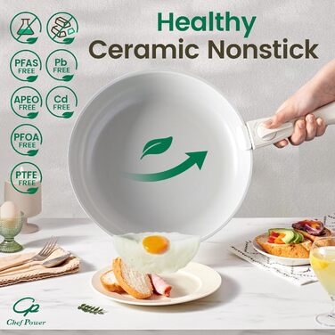 Набір посуду Chef Power Keramik 19-ти частинний, з антипригарним покриттям, знімний ручка, для індукційних плит, сумісний з посудомийною машиною, для духовки, набір для дому/кемпінгу, сірий та білий колір
