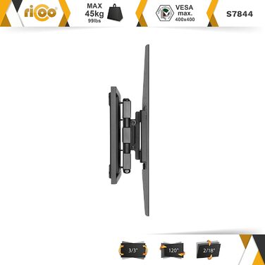 Настінне кріплення для телевізора RICOO S7844 поворотне 40-65 дюймів, універсальне, для OLED/Curved до 45 кг, VESA 400x400 мм