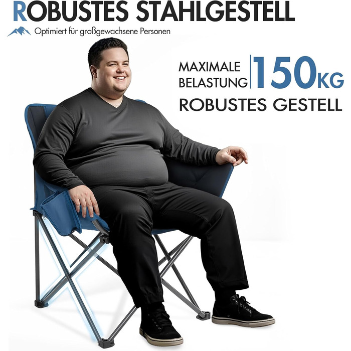 Крісло для кемпінгу складне, XXL, з підлокітниками, 150 кг, блакитне