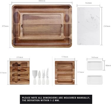 hecef Cheese Board Set, Acacia Wood, Square Cheese Board with 2 Pull-Out Drawers & Cutlery Set & Snack Plates & Marble Cheese Slate