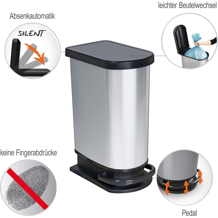 Сміттєвий бак Rotho Paso на 50л з педаллю та кришкою, пластик (PP) BPA-free, колір carbonmetallic (сріблястий металік), 44x29x67 см