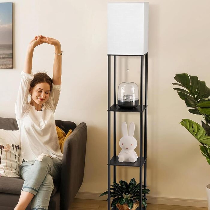 Стійка лампа з полицею для вітальні у стилі вінтаж, чорна. Металева підлога, 3 режими кольору, тканинний абажур, вимикач на ніжці. Ідеальна для вітальні, спальні, офісу.