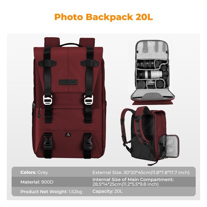 Рюкзак для камери K&F CONCEPT 20L з відділенням для ноутбука 15.6