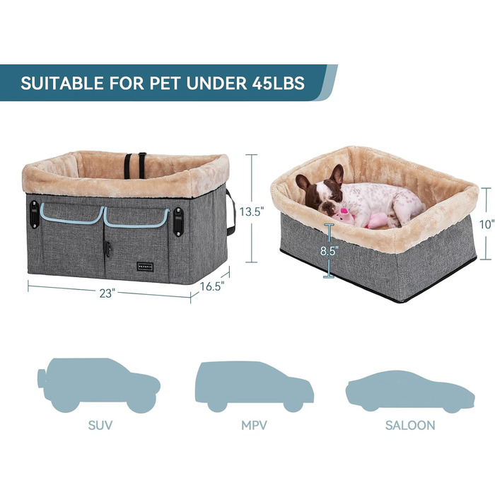 Автокрісло для собак Petsfit - сіре та зелене (M) з ременями безпеки та кишенею для зберігання