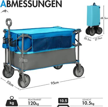 Візок садовий портативний Bollerwagen 300L XXL синій: для кемпінгу, пляжу, транспорту, з підскладником та бічними кишенями, вантажопідйомність 120 кг