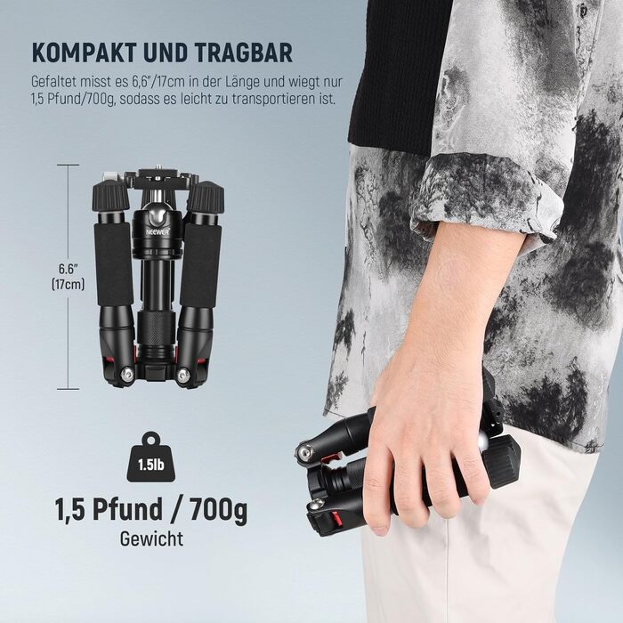 Карбоновий міні-штатив NEEWER з кулястою головкою 360°, тримачем для телефону та пультом керування, компактний дорожній штатив для DSLR камери, відеокамери та смартфона, навантаження до 5 кг (TP-AAM521)