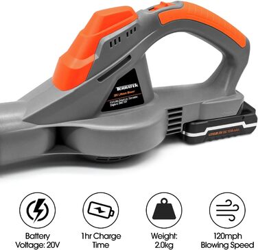 Terratek Leaf Blower, cordless, 20 V, 1 hour, fast charging, handheld leaf blower, powerful, lightweight, cordless leaf blower, garden blower with 1 x battery and charger included