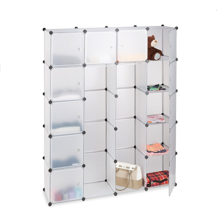 Relaxdays Clothes Rack System with 2 Clothes Rails, Wardrobe with 14 Compartments, Plastic Shelf System (Transparent)