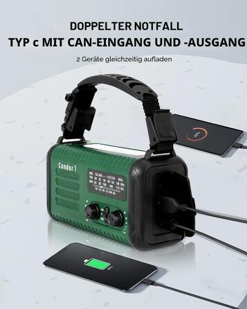 Радіо Kurbelradio 20000mAh сонячне з ручним заводом, AM/FM, SOS, LED-ліхтарик, USB зарядка для телефону, аварійне живлення, зелений