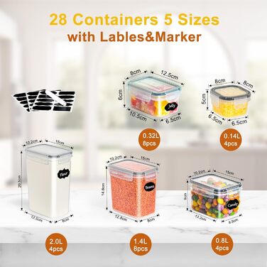 Набір контейнерів для зберігання GoMaihe 28 шт. - Органайзер для кухні, повітріані контейнери для продуктів, 2L, 1.4L, 0.8L, 0.32L, 0.06L