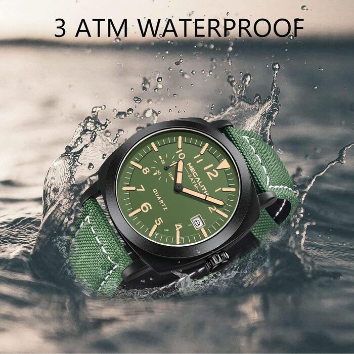 MEGALITH Годинник чоловічий Military Sport Outdoor, водонепроникні з шкіряним ремінцем, сталевий корпус, велике циферблат, з підсвічуванням, календар, дата, кварцові, чоловічі годинники
