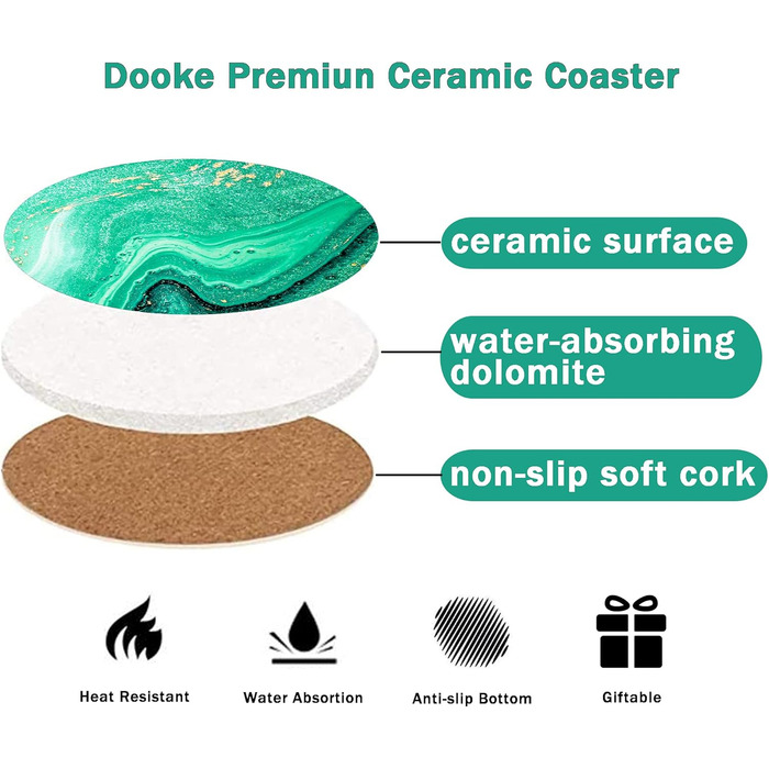 Dooke Coasters for Drinks, round, absorbent ceramic stone coasters with cork base, fun turquoise marble drink coasters