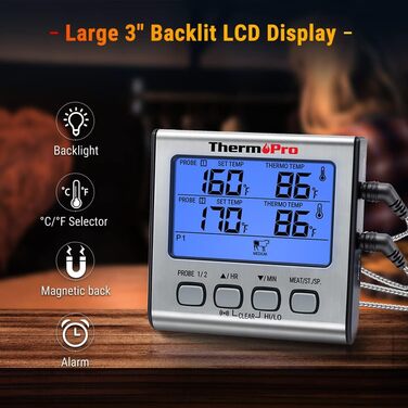 ThermoPro TP17 Digital Grill Thermometer, Meat Thermometer, Kitchen Thermometer, with Two Stainless Steel Probes, Blue Backlight, Temperature Range up to 300°C