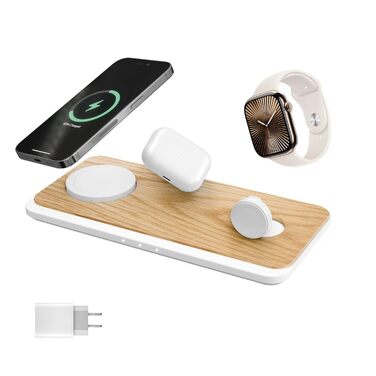 Woodcessories Multibase Pro: Бездротова зарядка 3-в-1 для iPhone, Apple Watch, AirPods з адаптером 45W (Дуб)