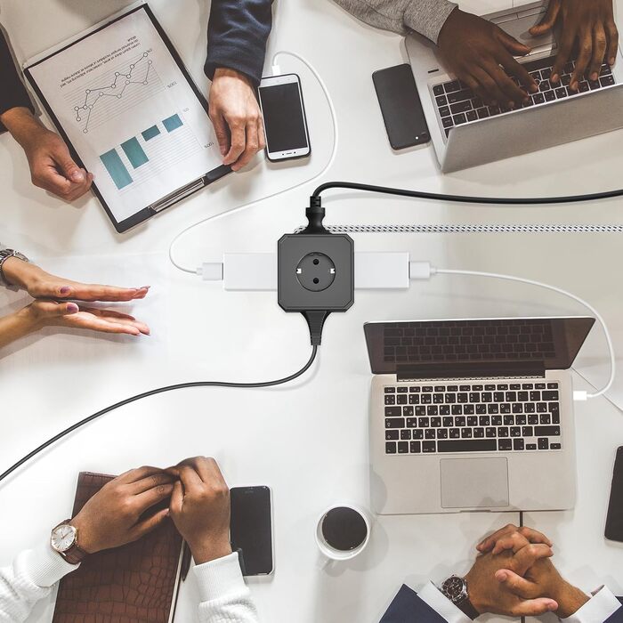 Блок розеток з USB-C, 4 розетки, плоский штекер, індивідуальне вмикання, багатофункціональна розетка-куб з 2м плетеним кабелем для офісу, дому, подорожей - Білий