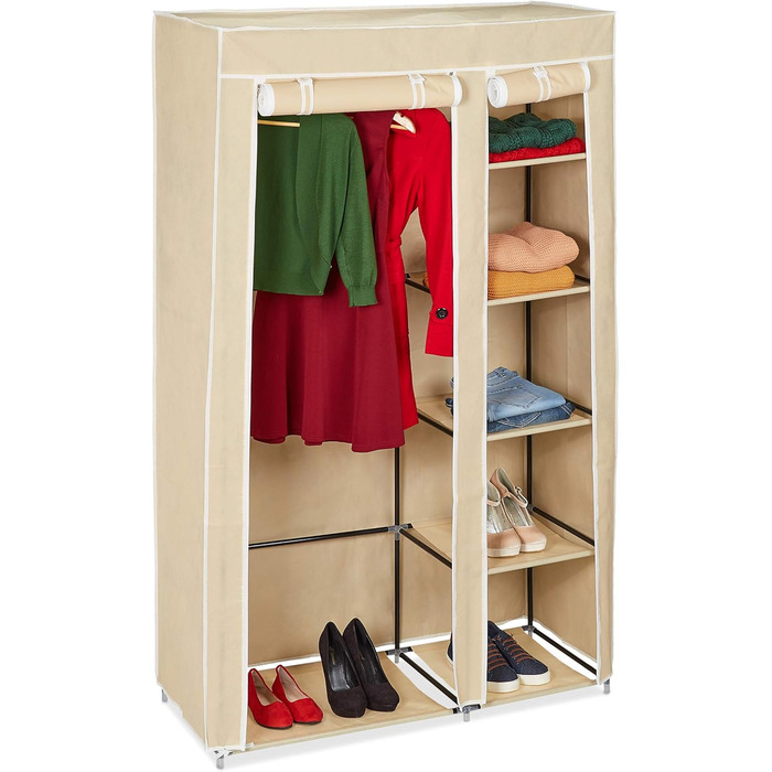 Relaxdays Fabric Wardrobe with Clothes Rail & 5 Compartments, HBT: 174 x 107 x 42.5 cm, Sturdy Folding Wardrobe with Cover, Beige