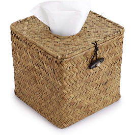 BSTKEY Household Cube, Seagrass Face Towel Box, Decorative Woven Paper Holder, Original Color, Yellow, 35.6 x 35.6 x 33 cm