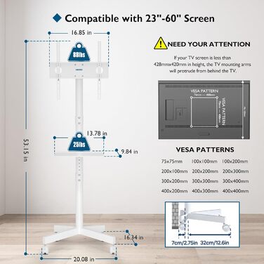BONTEC Mobile TV Stand for 23-60 inch Plasma/LCD/LED TVs with Laptop Shelf - Adjustable Height, VESA 400x400, 25kg Capacity