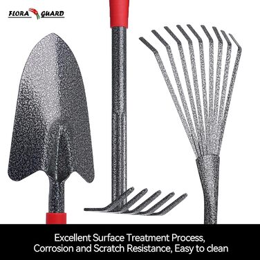 FLORA GUARD Garden Tools, 6-Piece Garden Tool Set Including Weeder, Garden Shovel, Hand Rake, Hand Hoe, Brush Rake, Cultivator, Garden Hand Tools with Heads Made of Carbon Steel
