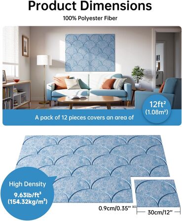 Акустичні панелі Soundsbay 12 шт., самоклеючі звукопоглинаючі плити з поліестеру для шумоізоляції та декору стін, 30x30x0.9 см, небесно-блакитний колір