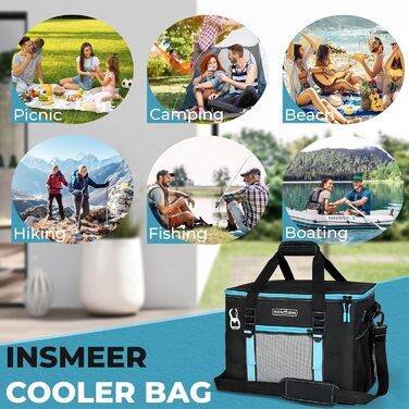 INSMEER Кулер для їжі та напоїв 50 л, великий, складний, для 80 банок, витримує витоки, з відкривачем, для пікніків, кемпінгу, пляжу, сімейних поїздок на 4 особи, чорний