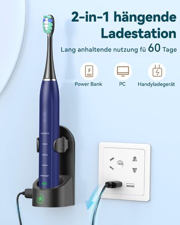 Електрична звукова зубна щітка для дорослих з відбілюючим ефектом - Ultraschall Zahnbürste з 8 насадками, 5 режимами чищення та кейсом для подорожей (Синій)