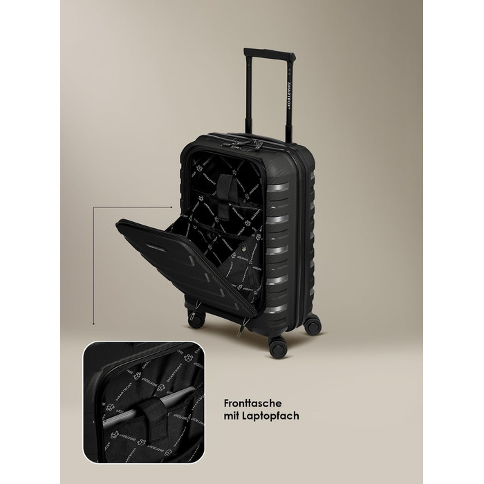 Набір валіз SMARTBOX з жорстким корпусом (3 шт) | Розширюваний на 3 см | З поліпропілену, TSA-замок, 4 колеса | Для жінок та чоловіків (Edition 01) (Чорний, S (55 см) з відділом для ноутбука)