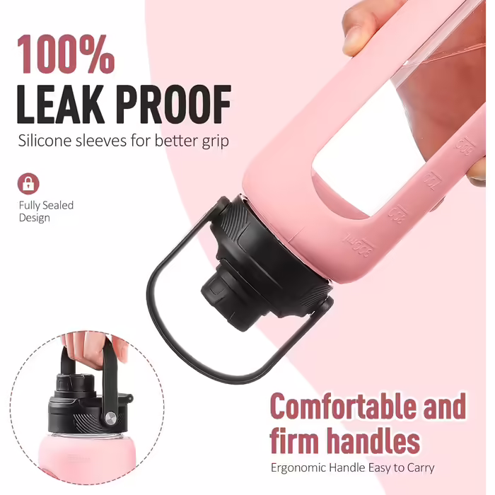BLUEGO Glass Water Bottle - Sports Water Bottle with 2 Lids and Straw Leak-Proof Glass Bottle with Time Marker and Measurement Scale BPA Free (Pink, 900ml)