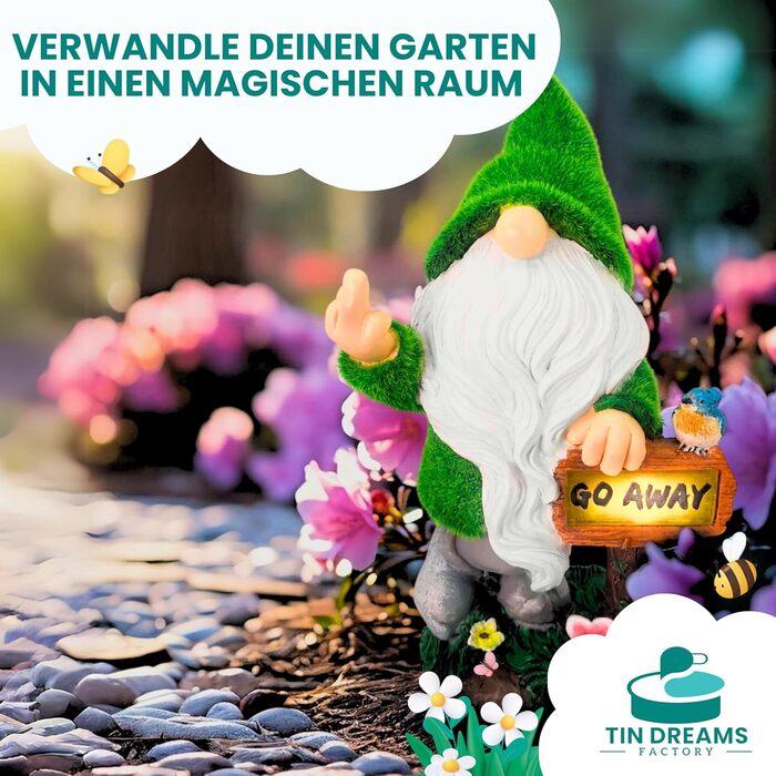 TIN DREAMS FACTORY | Cheeky Garden Gnome with Middle Finger and Solar Light – Funny Decorative Figure made of Resin for Garden, Terrace, Balcony – Witty Weatherproof Outdoor Decoration