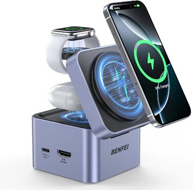 BENFEI 3-в-1 Станція зарядки MagSafe з USB-C хабом – для iPhone 16/15/14/13/12, Apple Watch та AirPods. HDMI (4K@60Hz), 100W PD, 2x USB 3.0 (5Gbps)