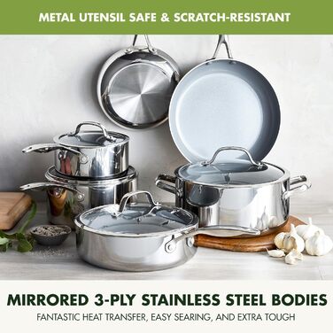 Набір посуду GreenPan Valencia Pro Tri-Ply з нержавіючої сталі, 10 предметів: каструлі та сковороди з керамічним антипригарним покриттям без PFAS та PFOA, багатошарове дно, сумісний з індукцією, безпечний для миття в посудомийній машині, духовці та грилі