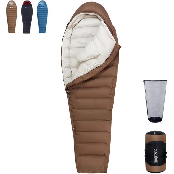 Пуховий спальний мішок для дорослих та дітей, легкий зимовий спальник Outdoor 8°C ~ -30°C для кемпінгу та альпінізму з 650 FP гусячим пухом (кава, 1500г пуху)