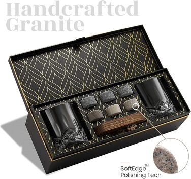 Набір для віскі Rocks: 6 гранітних каменів, 2 склянки, дерев'яний піднос, подарункова коробка з фольгою