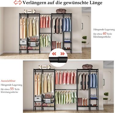 Важкий металевий вішак для одягу, розширюваний відкритий шафа для одягу з 2 висувними кошиками, (249-297) x 40 x 192 см (Чорний)