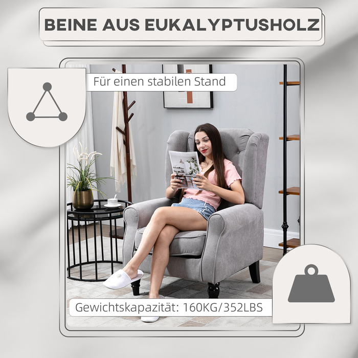 HOMCOM Armchair with High Backrest, Weight Capacity up to 160kg, Single Armchair for Living Room, Comfortable Wingback Chair, Grey