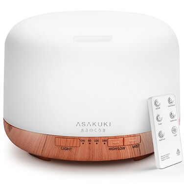 Дифузор ароматерапії ASAKUKI 500 мл, ультразвуковий зволожувач повітря з пультом, автовимкнення та 7 кольорів LED підсвічування