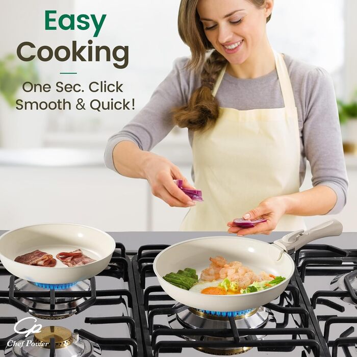 Набір посуду Chef Power Keramik 19-ти частинний, з антипригарним покриттям, знімний ручка, індукція, сумісний з духовкою, для дому та кемпінгу, сірий та білий