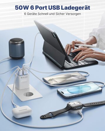 Зарядний пристрій USB 6-портовий, 33W, адаптер з QC 3.0, багатопортовий зарядний пристрій, мережевий адаптер для iPhone 16 15 14 13 12 11 Pro Max, iPad, мобільний телефон, білий