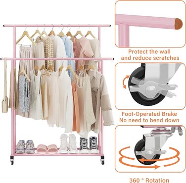 Clothes Rack with Double Rod, Rolling Clothes Rack, Portable Clothes Rack for Bedroom, Living Room, Clothing Store (Pink)