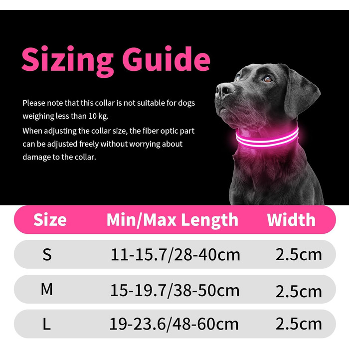 Світлодіодне нашийник для собак PcEoTllar, водонепроникний, 3 режими світіння, для малих, середніх та великих собак, рожевий