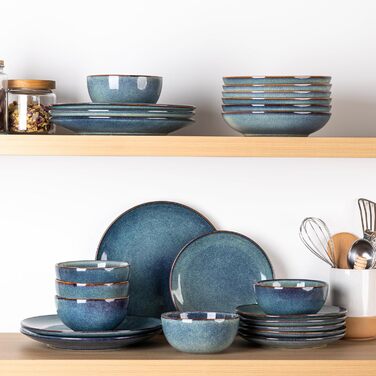 GBHOME Набір посуду з кераміки, 24 частини (12-ти та 24-ти місний), ручної роботи, реактивна глазур, тарілки та миски, стійкий до сколів та тріщин, придатний для миття в посудомийній машині та використання в мікрохвильовці, білий колір (Ceylon Blau)