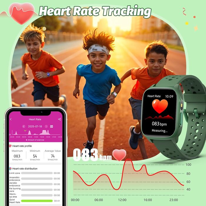 Дитячий розумний годинник Kinder з 140 спортивними режимами, фітнес-трекер, вимірювання пульсу, ігри-головоломки, IP68 вологозахист, без використання додатку/телефону, подарунок для хлопчиків-підлітків 6-15 років, зелений