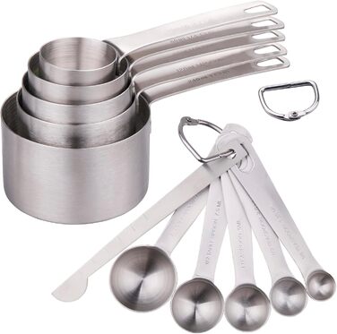 Smithcraft Measuring Cup Set, 7 Pieces, 18/8 Stainless Steel, Silver, Measuring Cups, for Dry and Liquid Ingredients, Metric and US Measurements, Engraved, 240 ml, 9 pieces