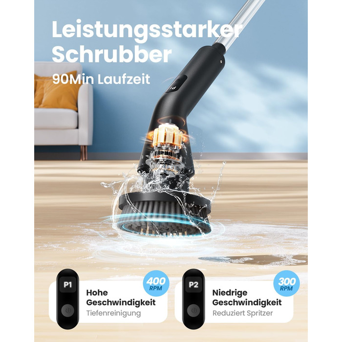 Електрична щітка для чищення Leebein Spin Scrubber: водонепроникна (IPX7), з телескопічною ручкою, 7 насадками та 2 швидкостями для ванної, підлоги та кухні, чорна