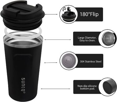 Термокружка для кави з нержавіючої сталі SUNTQ - 510 мл, з подвійними стінками, ізольована, з кришкою, що не протікає, багаторазова (Чорний)