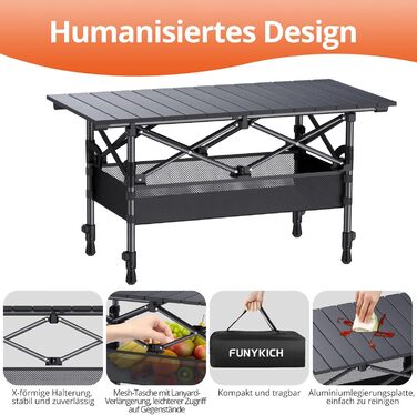 Складаний туристичний стіл FUNYKICH 82x40 см з регулюванням висоти (44/70 см), з сітчастою кишенею, для пікніка, кемпінгу, BBQ, саду