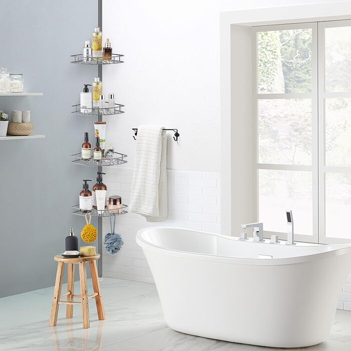 Hoomtaook Telescopic Shower Shelf, Shower Caddy Without Drilling Corner Stainless Steel Corner Shelf with 4 Shower Baskets, Telescopic Shelf Bathroom Height Adjustable 85-325cm for Bathroom and Kitchen, Grey