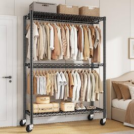 Вішалка для одягу на коліщатках 90x40x200 см, вантажопідйомність 150 кг, 2 висувні штанги, регульована полиця, великий об'єм для зберігання одягу, стабільна та мобільна