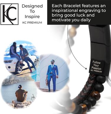 Чоловічий шкіряний браслет з тигровим оком та лавовим каменем | Ручна робота, гравірування, регульований магнітний замок | Чорно-коричнево-синьо-срібний, з подарунковою коробкою